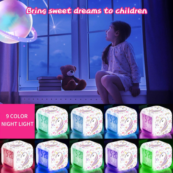 Alarm Clocks for Girls, Unicorn Night Light for Kids with 4-Sided