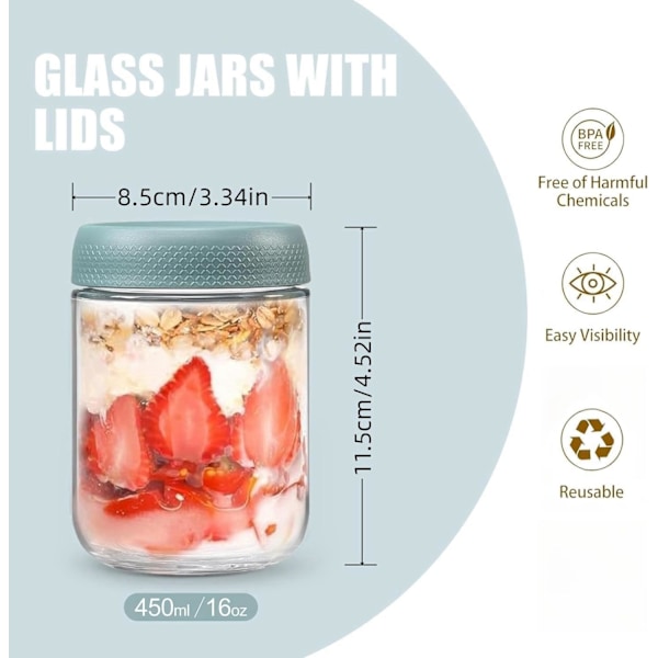 3-pack 16 ounce glasburk med skruvlock, läcksäker för overnight oats, yoghurtburk, havresallad, lämplig för spannmål, mjölk, fruktsås