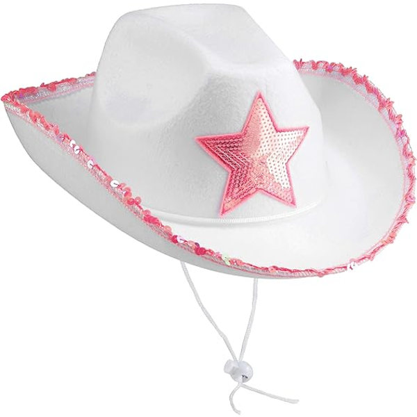 Hvite Cowgirl-hatter - (2-pakning) Rosa stjerne Cowgirl-hatt med paljetter
