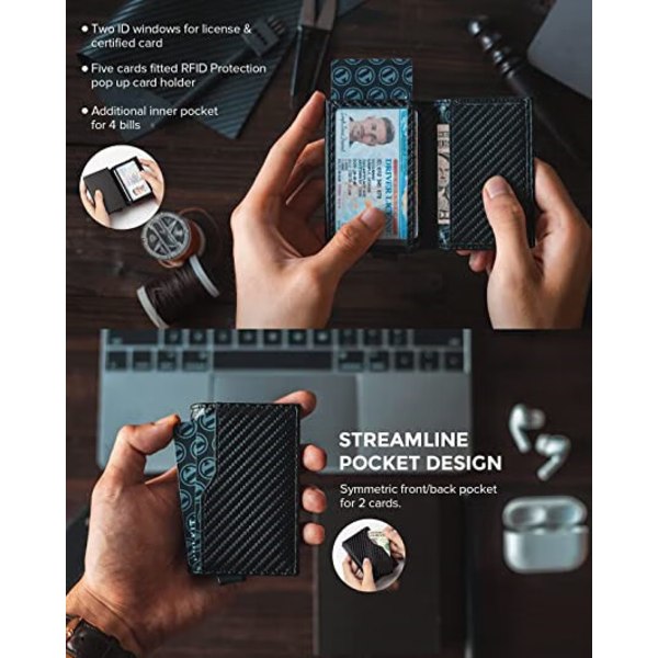 Kreditkortshållare med dubbelt ID-fönster RFID-blockerande automatisk popup-kortplånbok för kort och kontanter