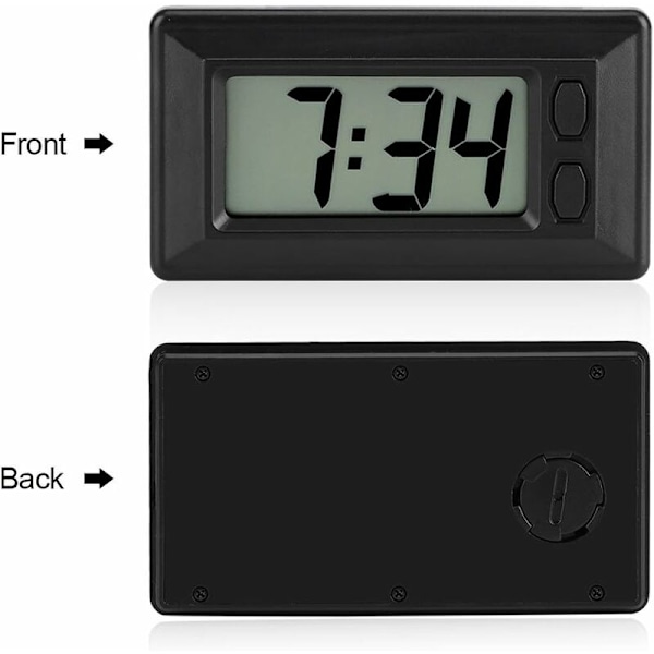 2 st elektroniska klockor - MiniUltra-tunn fordonsinstrumentpanelsklocka med självhäftande dyna LCD digital datumtidskalenderdisplay för hem, kontor, bilinstrumentpanel, 7,8 × 4 × 1,4 cm, utan batteri