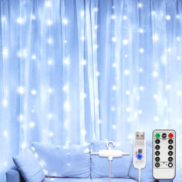 Vinduesgardin Lyskæde 300 Led 8 Lystilstande Lys Fjernbetjening Usb Strømdrevet Vandtæt (hvid)3*3m（3*3M）