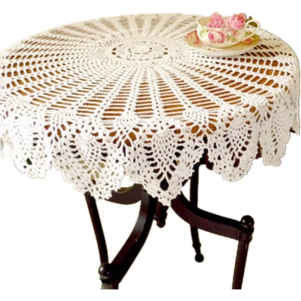 Håndlavet Vintage Rund Blonde Dug i Bomuld 90cm, Bomuld, Hvid