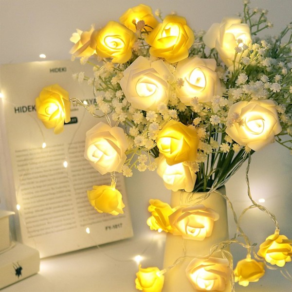 Rosor Fairy Lights, 20 LED Rosor Inomhus Fairy Lights, Batteridriven, Alla Hjärtans Dag/Mors Dag Dekoration (Gul och Vit)