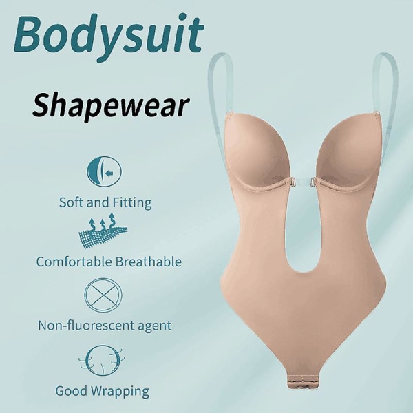 Kvinners dyp V-hals Body Shaper Ryggløs BH Body Shapewear U Plunge Sømløs Thong Full Bodysuits Hud（S）