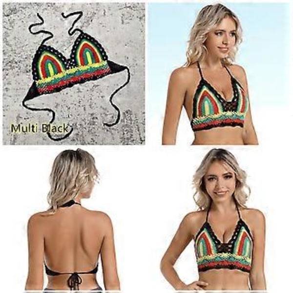 Hæklet halterneck badedragtstop til kvinder, justerbar snor, dyb V-hals polstret hæklet croptop, justerbar rygbind, farverig ris M (Farverig ris M) Colorful rice M