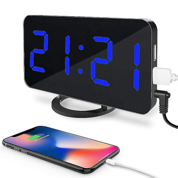 Digital väckarklocka, stor LED-display med dubbla USB-laddningsportar (blått ljus)