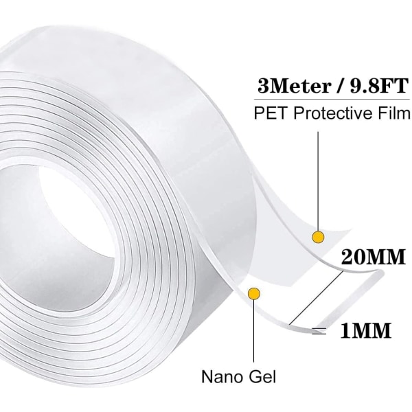 3 meter ekstra stærk dobbeltklæbende tape, nano tape trans