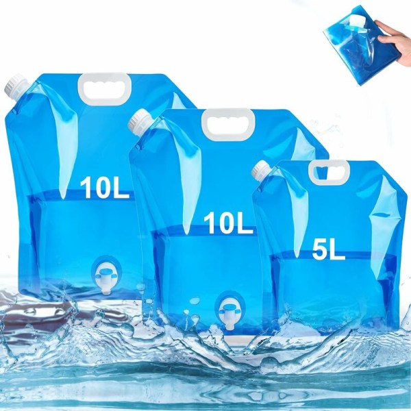 3-pack hopfällbar vattenflaska med kran 2 x 10L + 1 x 5L port