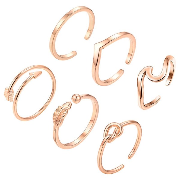 6 stk. åbne ringe sæt til kvinder, justerbare fingerled tommelfingerringe, tåring strand smykker ring til kvinder piger（Rose Gold）