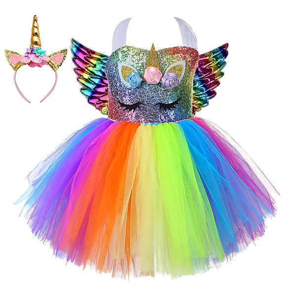 3 stk. Sequin Lille Barn Pony Kjole Enhjørning Kjole Med Vinger Pandebånd（XL(7-8Y)）