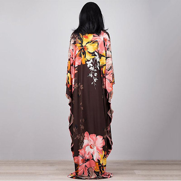 Kvinnors tryckta maxiklänning fladdermusärm strandklänning plus size solklänning strandkläder kaftan cover-ups Dn0506