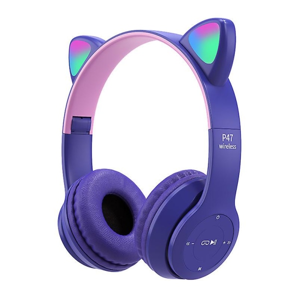 P47 Cute Cat Ears Øretelefoner Trådløs Bluetooth 5.0 Hodetelefon Led Hifi Stereo Headset Lilla