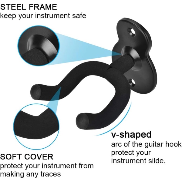 2-pakks metallveggfeste for gitar, med beskyttende svamp, egnet