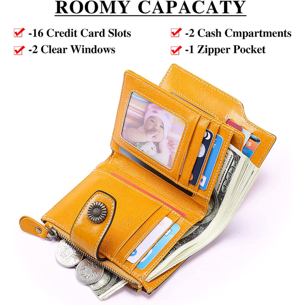 Ekte skinn damelommebok i kort størrelse RFID-blokkerende damelommebok, 16 kortspor inkludert 2 ID-vindu og 1 glidelåslomme (gul)