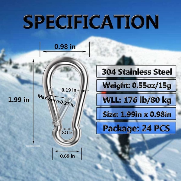 20 stk. fjederlås, 304 rustfrit stål metalclips, kraftig rebforbindelse, lille snaplås, nøglering, spænde til hængekøje, gyngesæt, udendørs