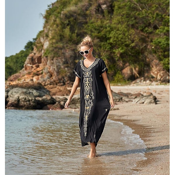 Kvinders Strandbluse Broderet Strandkjole Lang Kjole Cover-up Kjole Sommerkjoler Sort
