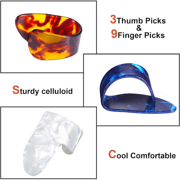 Tumgrepp Fingerpicks, Medium, Vinklad Platt, Celluloid Gitarr F