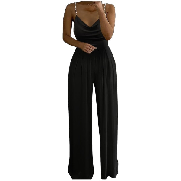 Kvindes Casual Solid Farve Lang Playsuit Løstsiddende Dame Pearl Suspender Jumpsuit (M Sort)