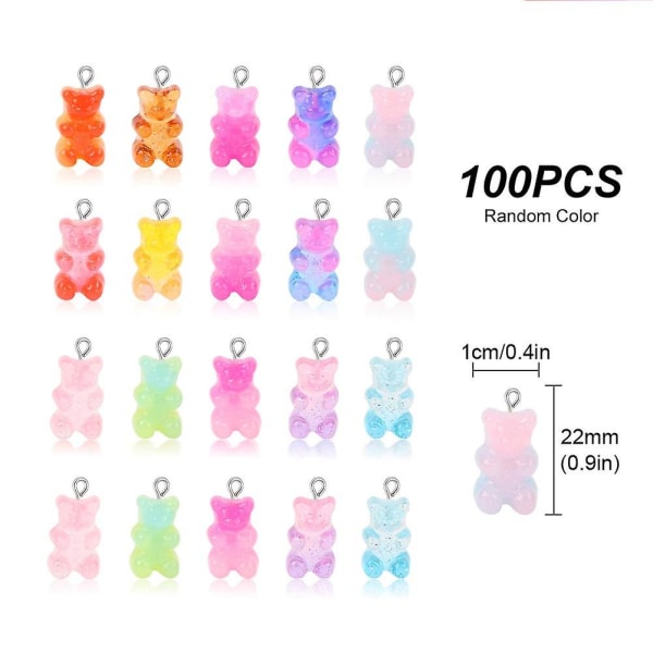 100 st Gummy Bear Charms Pendants Söta Resin Bear Candy Charms I Ljusa Färger Cartoon Bear Nyckelringar Slumpmässig Färg