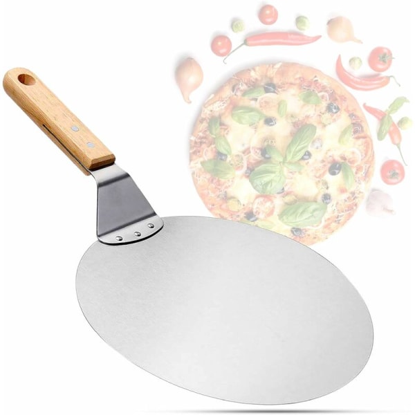 Ruostumattomasta teräksestä valmistettu pizzalauta puukahvalla, pizzan työntölaite