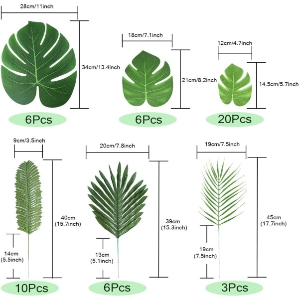 70 stk. 10 slags kunstige palmeblade tropiske blade dekorationer