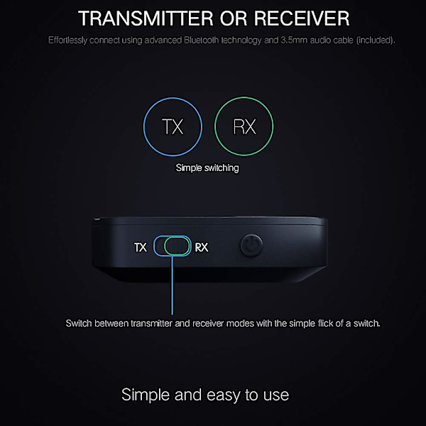 Bluetooth 5.0 Sender/mottaker, 2-i-1 Bluetooth-adapter for TV/bilsystem