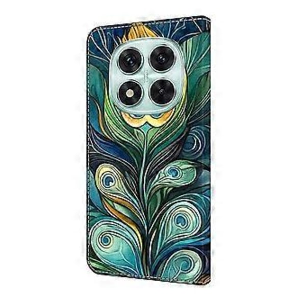 Läderfodral med mönstertryck, plånboksställ och flip-skydd för Xiaomi Redmi Note 14 Pro 5G Green Feathers