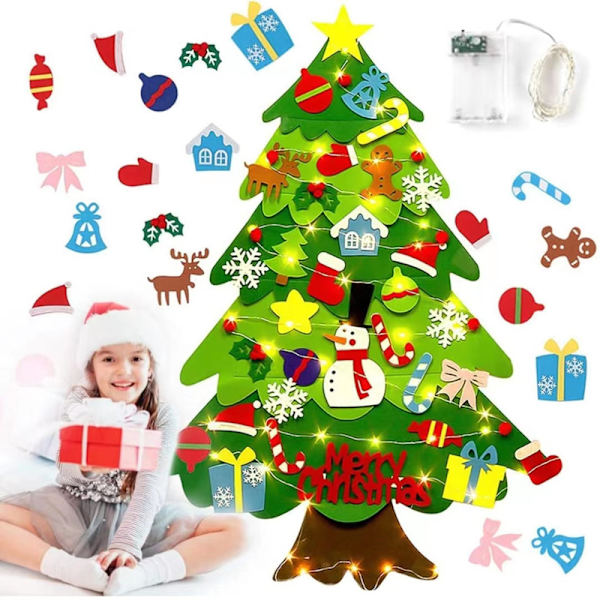 Filtjulgran för barnvägg, filtjulgran för småbarn med lampor + 41 dekorationer, DIY filtträd set julgransdekorationer, julklappar till småbarn