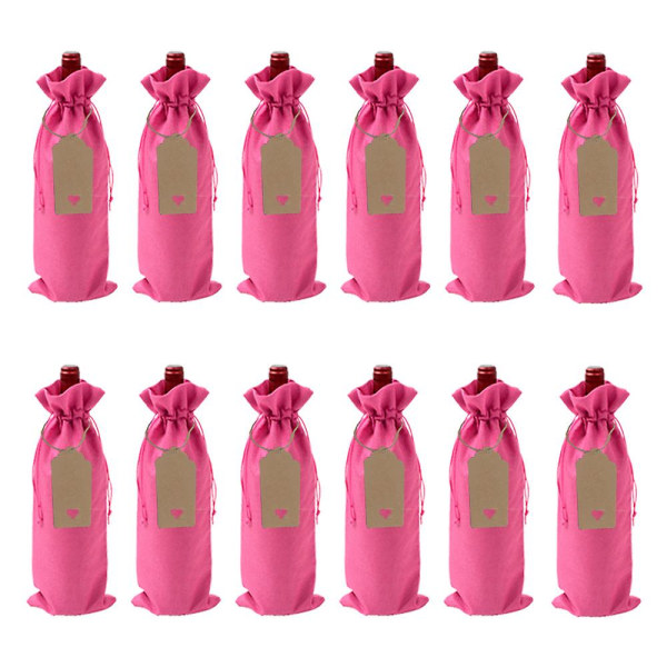 12 st Jute vinflaska presentpåsar, 35 X15 cm multipack Burlap flaskpåse med etiketter och dragpåsar (rosaröd)