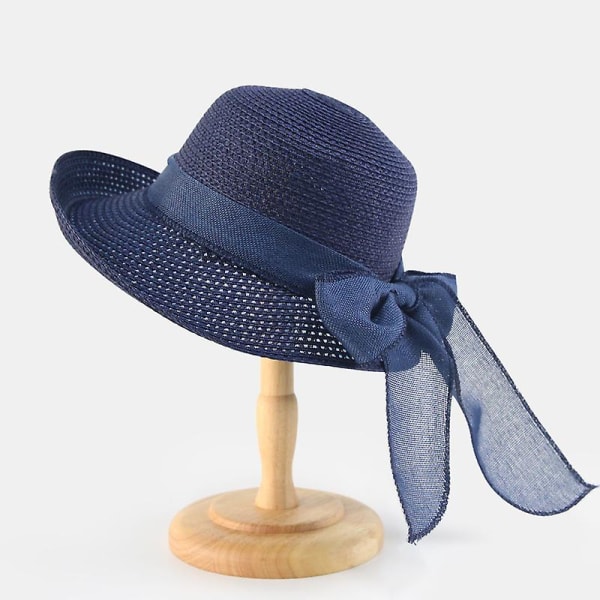 Dam solhatt i papperssugrör, hopfällbar med bred brätte, sommarhatt med UV-skydd (marinblå)