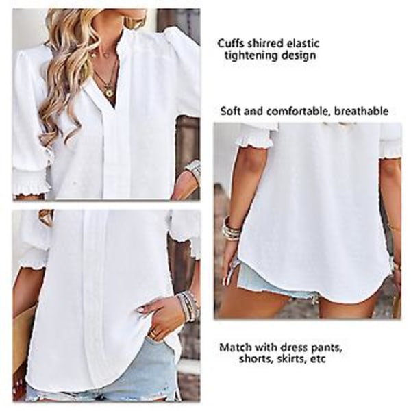 Dame Halv Erme V-hals Topp Elegant Moderne Ensfarget Puff Erme Elastisk Rynket Mansjett Skjorte Bluse (Hvit) White S