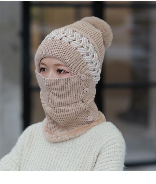 Stickad mössa med pompom och halsduk set för damer och herrars vinter skidmössa slouchy mössa med fleecefoder (Khaki)