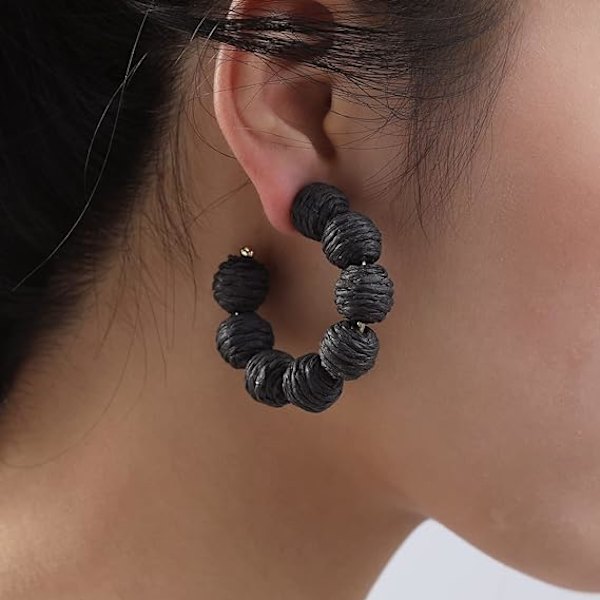 Sommer Rattan Øredobber Bohemian Raffia Ball Hoop Dangle Øredobber