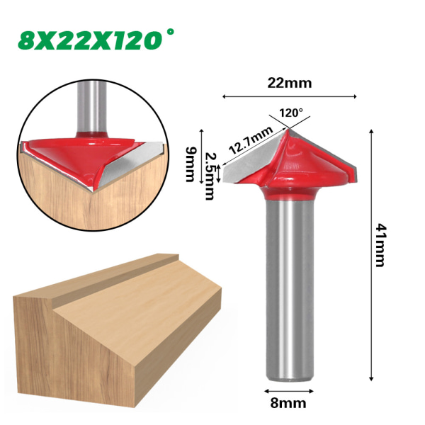 4 stk rette V-spor freser, 60° 90° 120° 150°, 8 mm skaft, Wo