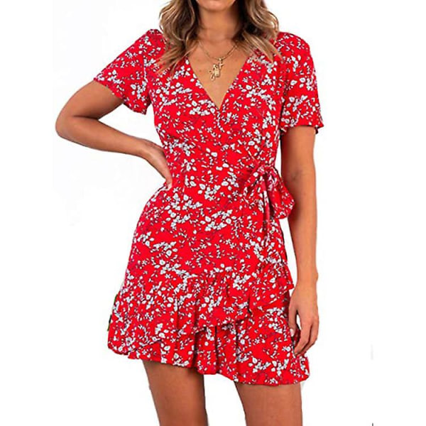 Summer Women Short Sleeve Print Dress V Neck Casual Short Dresses（M T1）