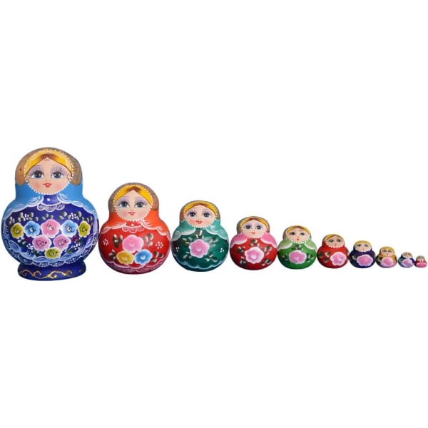 Blå 10 stk russiske Nesting Dolls Matryoshka håndlavede