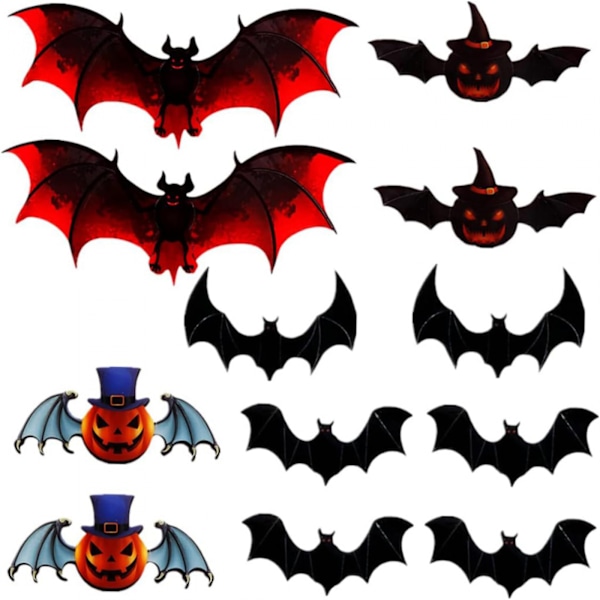 12 värikästä 3D-lepakko Halloween-tarraa