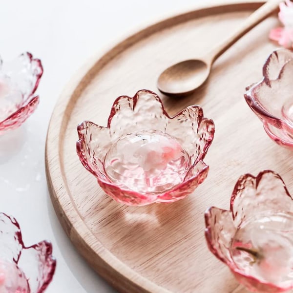 Rosa körsbärsblomformade dessertskålar, minikristallskål, små glasskålar, tepåshållare, doppskålar, sojasås