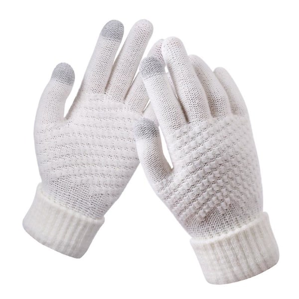 Vinterhandskar med pekskärm för kvinnor, varma fleecefodrade stickade handskar Elastiska manschett Vintertexthandskar（Vita）