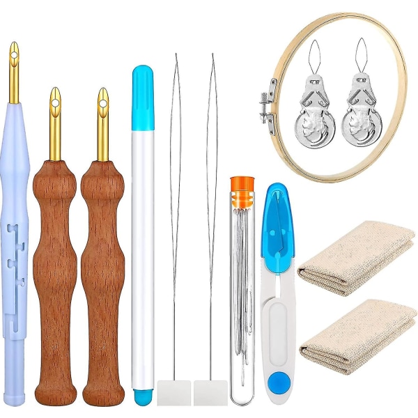 13 Pieces Punch Needle Embroidery Kits Adjustable Embroidery Hoop, Punch Needle, Wooden Handle Embroidery Pen, Punch Needle Cloth, Needle Threader For