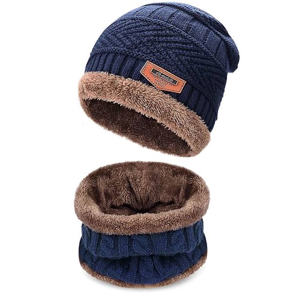 Ski Hat Varm Strikket Hat Cirkulær Halstørklæde Mænd Vinter Beanie Hat Udendørs Sports Hat Halstørklæde Sæt（Marineblå）
