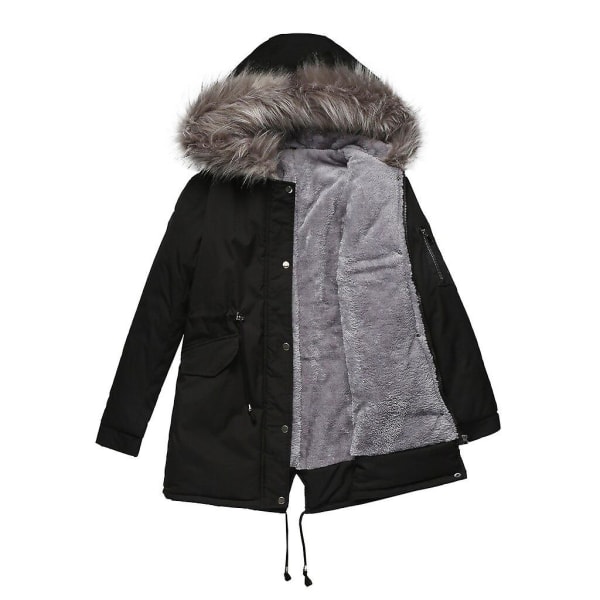 Parka Coat Mid Length Hooded Winter Warm Plus Fleece Coat Cotton Padded Jacket Outerwear（XL Black）