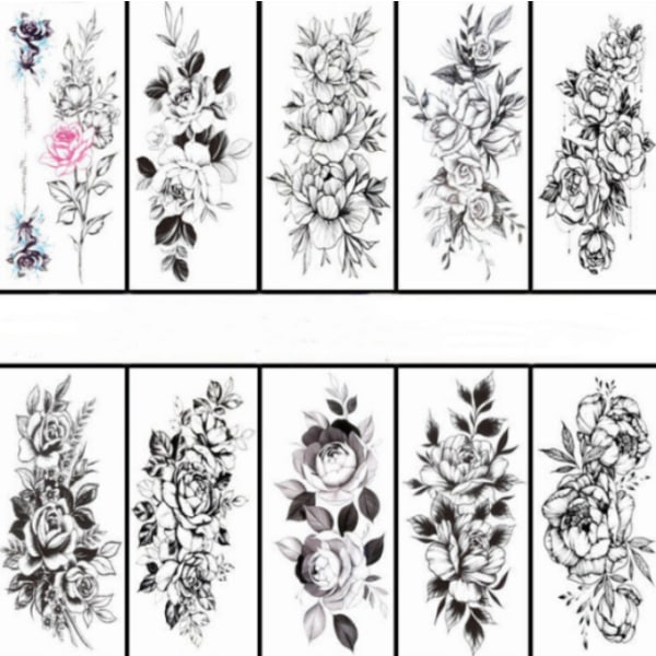 10 år store blomster, 3D sort blomster midlertidig tatovering, Halloween De