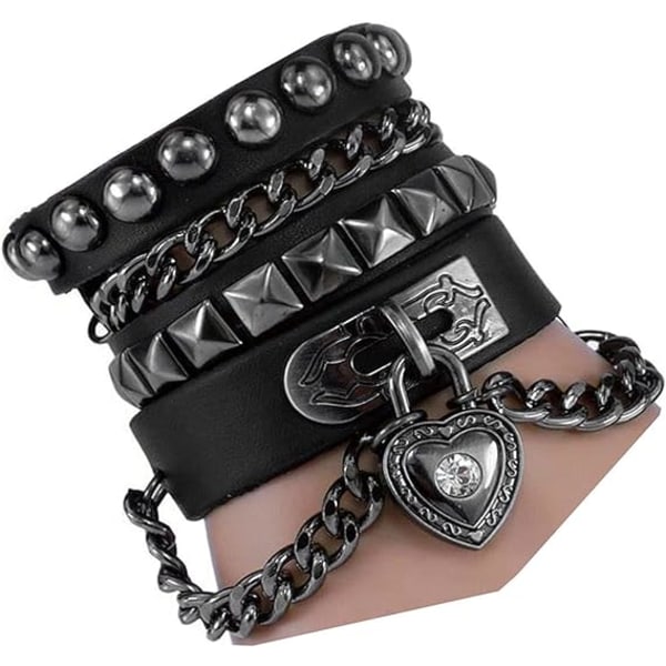 Halloween Nitarmband Flerlagers svart lädermanschett Heart Pend