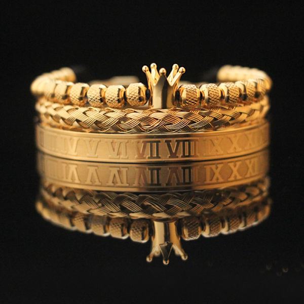 Guld romerska bokstäver koppar set zirkonium krona vävning armband set