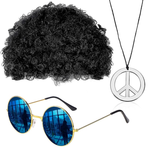 Disco och solglasögon Hippiekostymtillbehörsset för män inkluderar afrohalsband 50-/60-/ set -tals-temafest Svart