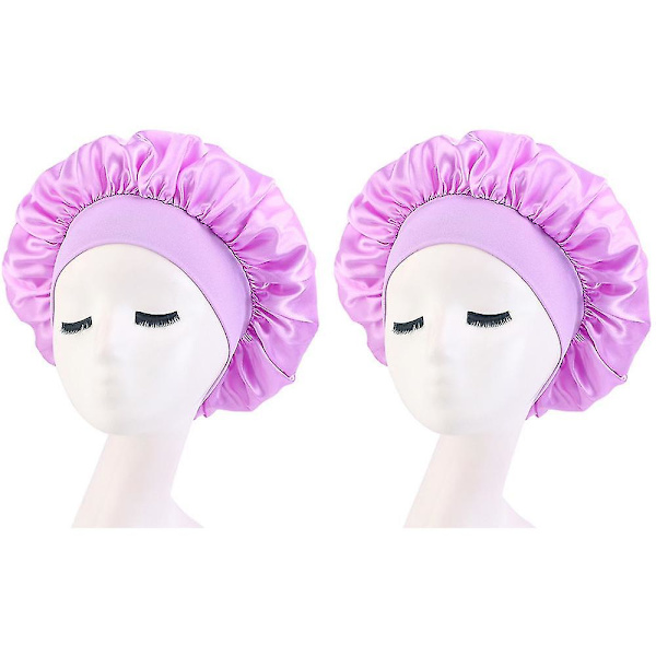2-pack Satin Sovhatt för Kvinnor, Solid Färg, Nattmössa, Hårsjukvård, Nattmössa (Ljus Lila)