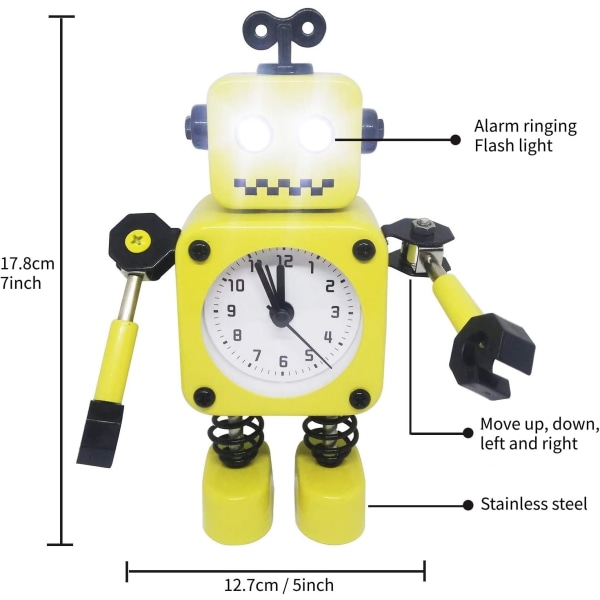 Gul robot väckarklocka, rostfritt stål tyst väckarklocka med
