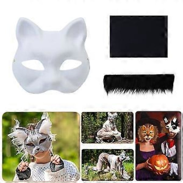 Rävmaskset Halloweenfestmask Handmålad kattmask med päls Omålad halvmask Djurmask Djurmaskset Grå Gray